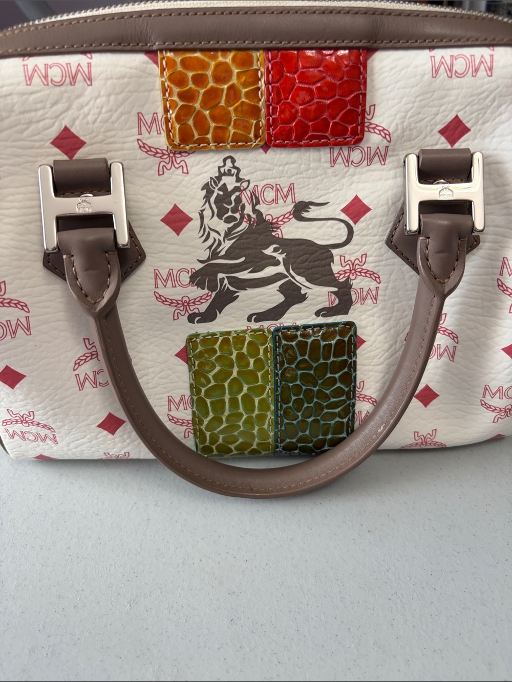 MCM White Leather Satchel with Multicolor Croc-Embossed Accents
